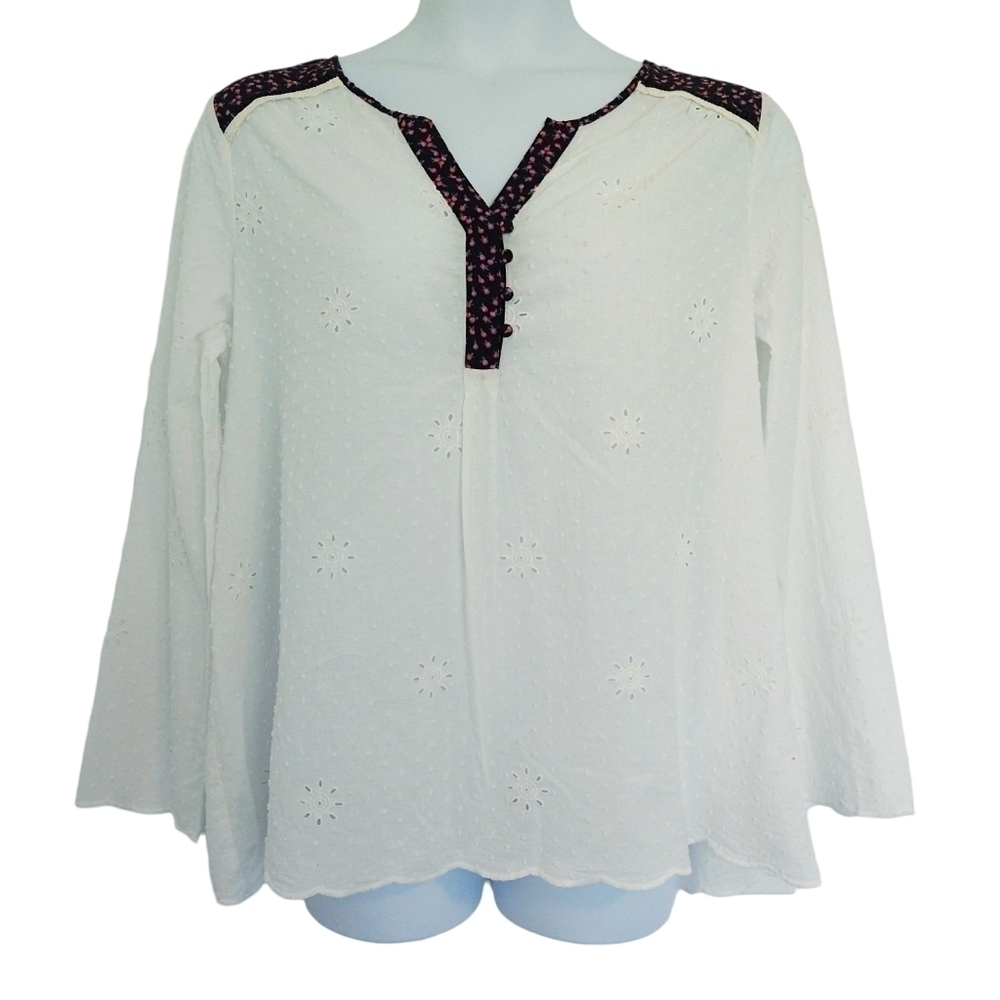 Matilda Jane White Swiss Dot Eyelet Snow Globe Blouse Split Neck Cottagecore